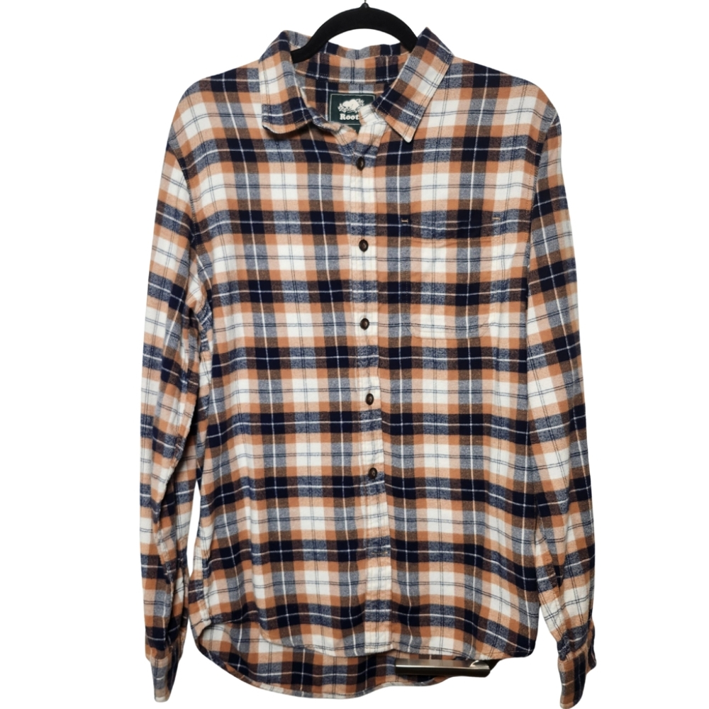 Roots Cotton Flannel Plaid Shirt - Navy and Tan Size Medium